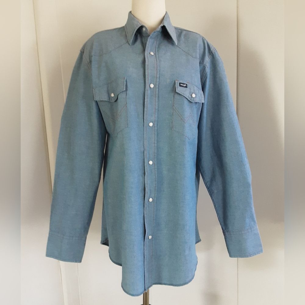 WRANGLER 100% Cotton Western Pearl Snap Red Trim Cowgirl Shirt Sz L - Tall - Vtg